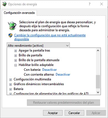 Brillo Adaptable en Windows 10