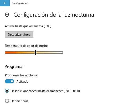 Luz Nocturna en Windows 10