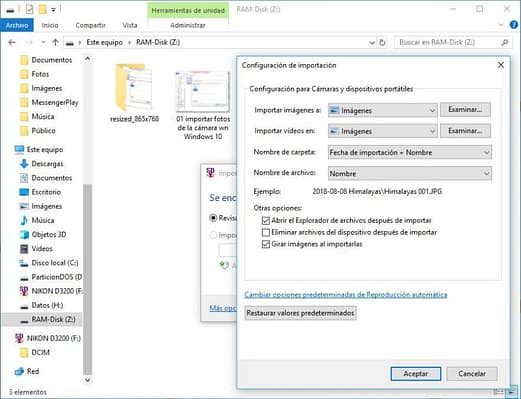 importar fotos de la cámara wn Windows 10