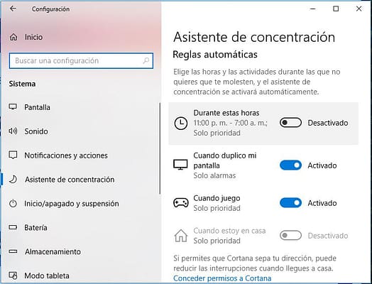 desactivar Notificaciones Windows 10 con Asistente de Concentración