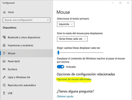 Propiedades del Ratón en Windows 10
