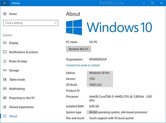 Número de versión de Windows 10