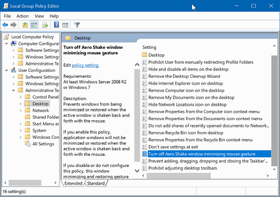 desactivar Aero Shake en Windows 10