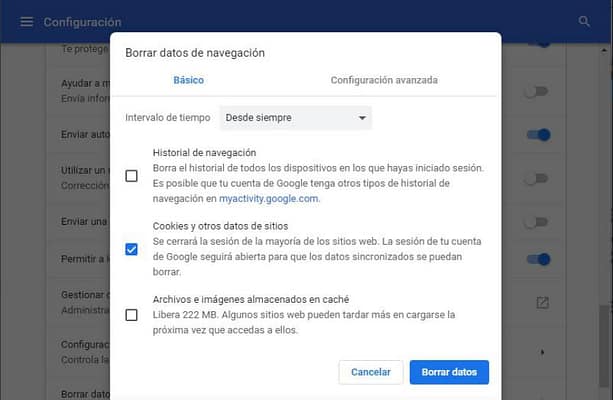 borrar cookies en Google Chrome