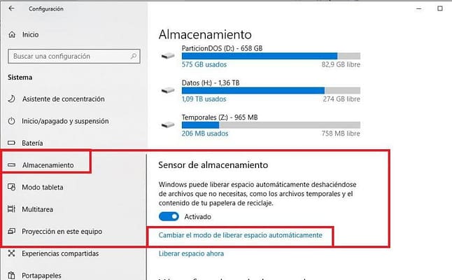 Sensor de Almacenamiento Windows 10