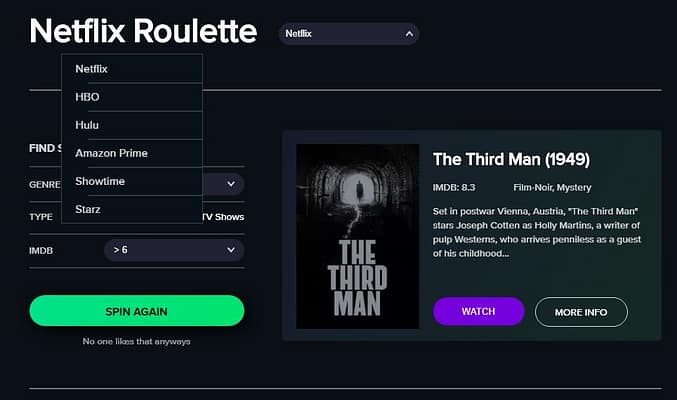 Roulette NetFlix HBO hulu Amazon Prime