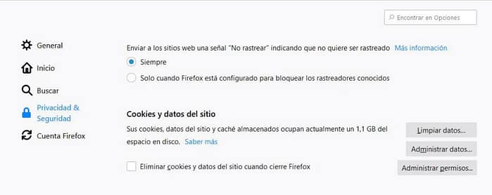 borrar cookies en Firefox