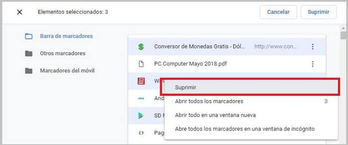 eliminar Marcadores en Chrome