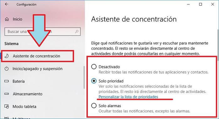 desactivar Notificaciones Windows 10 con Asistente de Concentración