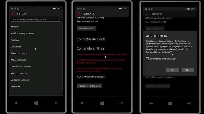 Restauracion de fabrica Windows 10 Mobiles