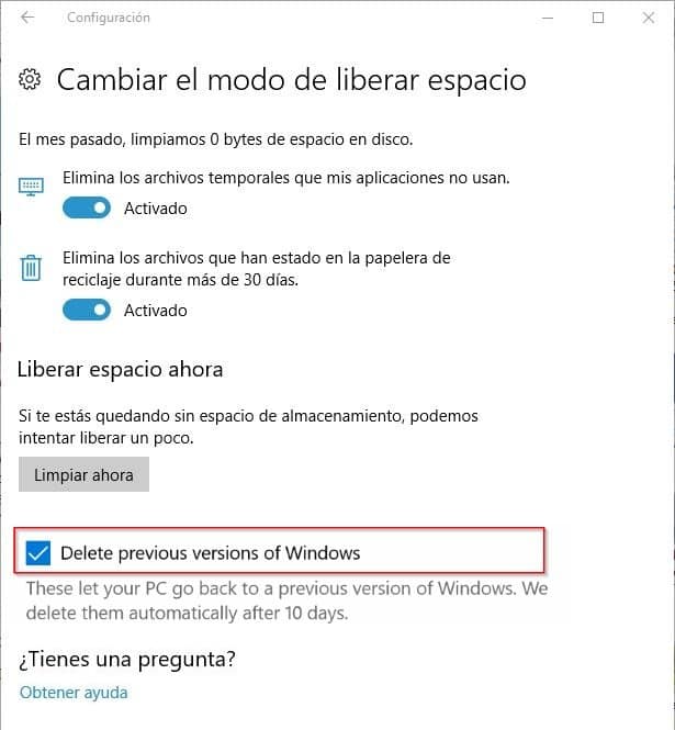 Liberar espacio en Windows 10 eliminando las Versiones Anteriores 2 Liberar espacio en Windows 10
