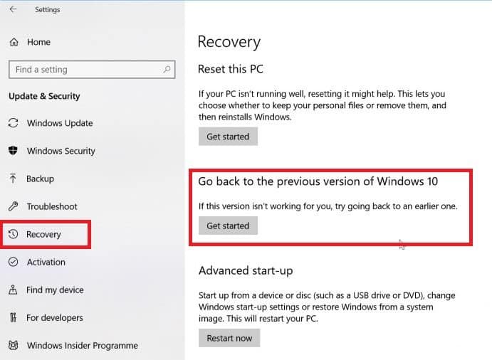 Versión Anterior de Windows 10: Cómo deshacer la reciente actualización 2 recuperacion en Windows 10