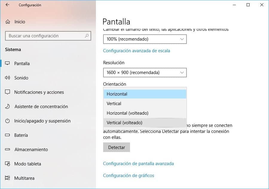 rotar pantalla en Windows 10 desde los ajustes