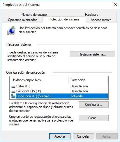 Punto de Restauración en Windows 10: Cómo saber si está Activado o No 2 crear acceso directo del punto de restauracion en windows 10