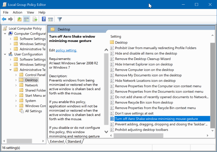 Aero Shake en Windows 10: Cómo Activar o Desactivar la función 2 desactivar Aero Shake en Windows 10