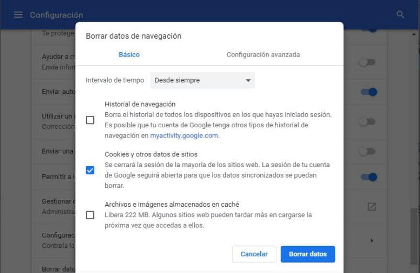 borrar cookies en Google Chrome