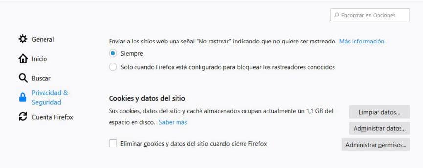 borrar cookies en Firefox