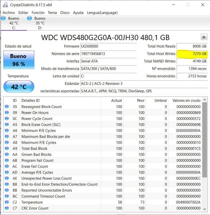 Duración de un SSD: ¿Cuanto tiempo Servirá antes de Cambiarlo? 1 SSD con CrystalDiskInfo